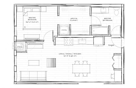 Floor plan for 1 bed, 1 bath, 724 sqft